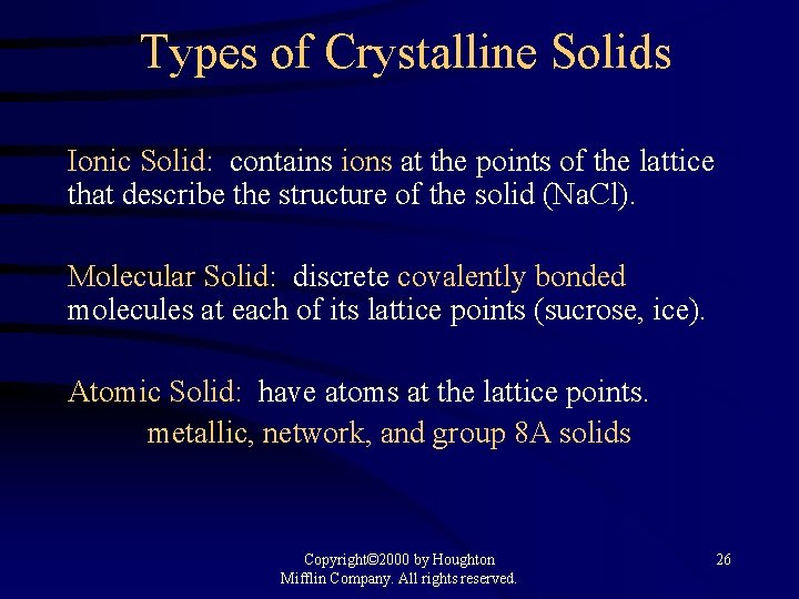 Types of Crystalline Solids Ionic Solid: contains ions at the points of the lattice