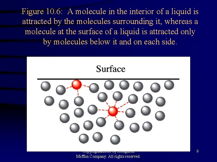 Figure 10. 6: A molecule in the interior of a liquid is attracted by