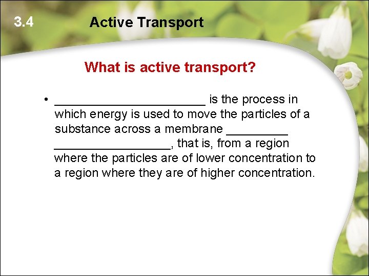 3. 4 Active Transport What is active transport? • ___________ is the process in 3. 4 Active Transport What is active transport? • ___________ is the process in