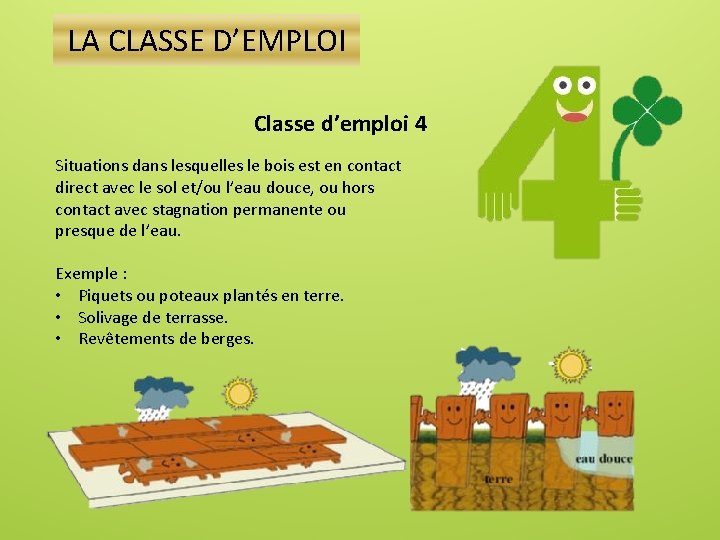 LA CLASSE D’EMPLOI Classe d’emploi 4 Situations dans lesquelles le bois est en contact