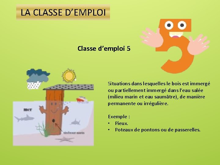 LA CLASSE D’EMPLOI Classe d’emploi 5 Situations dans lesquelles le bois est immergé ou