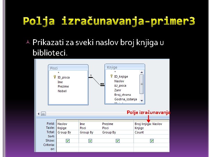  Prikazati za sveki naslov broj knjiga u biblioteci. Polje izračunavanja 