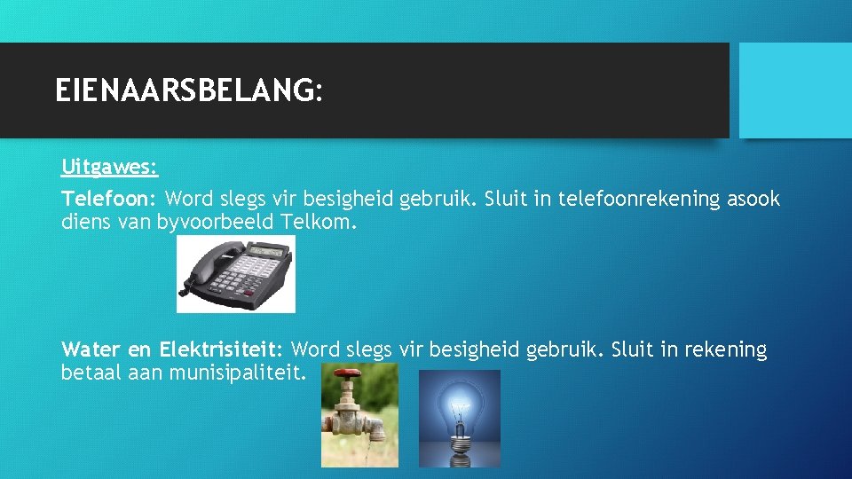 EIENAARSBELANG: Uitgawes: Telefoon: Word slegs vir besigheid gebruik. Sluit in telefoonrekening asook diens van