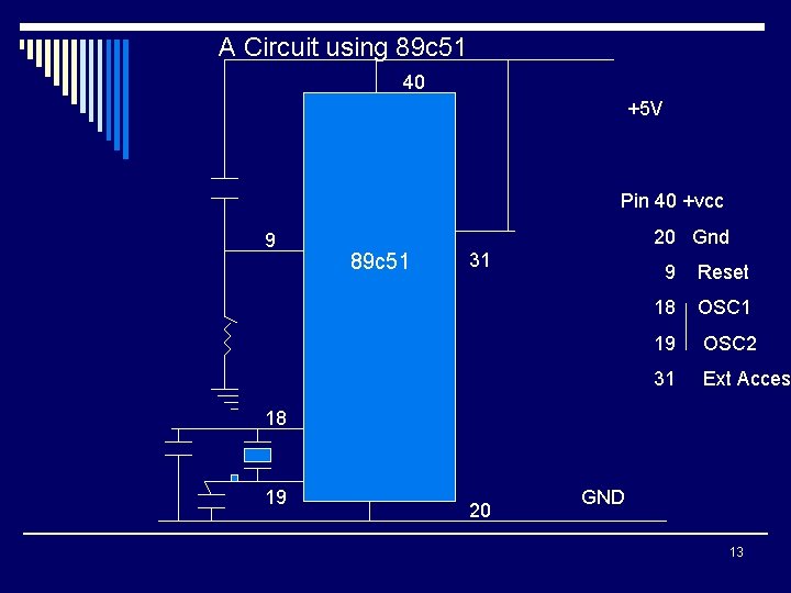 A Circuit using 89 c 51 40 +5 V Pin 40 +vcc 9 20