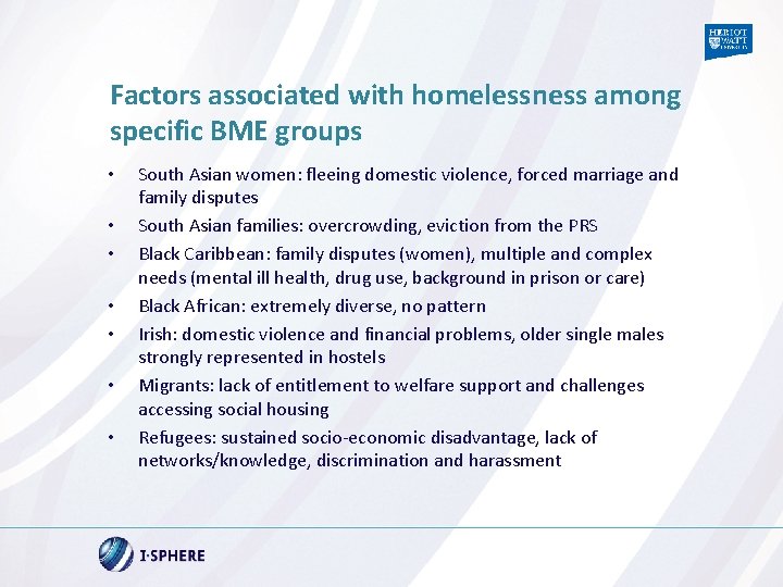 Factors associated with homelessness among specific BME groups • • South Asian women: fleeing