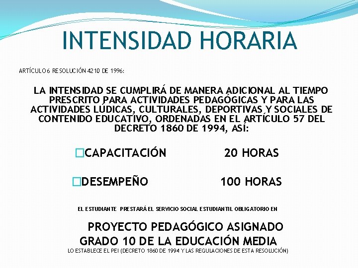 INTENSIDAD HORARIA ARTÍCULO 6 RESOLUCIÓN 4210 DE 1996: LA INTENSIDAD SE CUMPLIRÁ DE MANERA