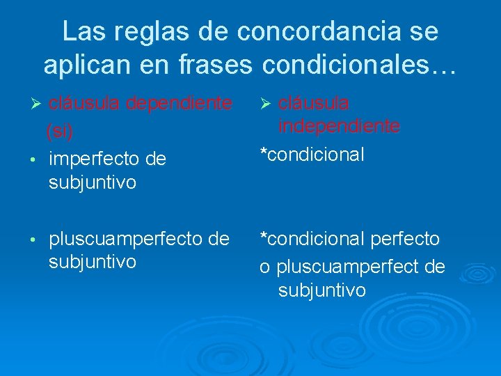 Las reglas de concordancia se aplican en frases condicionales… cláusula dependiente (si) • imperfecto