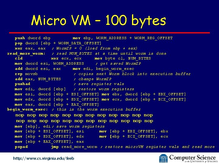 Micro VM – 100 bytes push dword ebp mov ebp, WORM_ADDRESS + WORM_REG_OFFSET pop