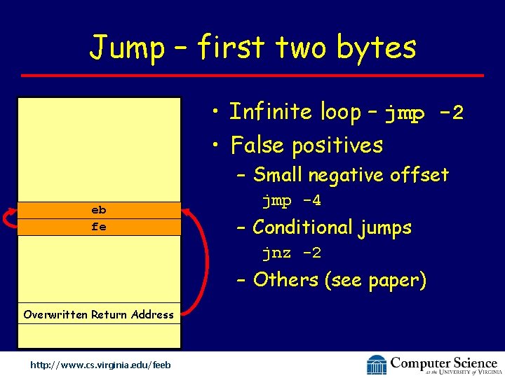 Jump – first two bytes • Infinite loop – jmp -2 • False positives