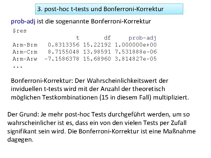 3. post-hoc t-tests und Bonferroni-Korrektur prob-adj ist die sogenannte Bonferroni-Korrektur $res A: m-B: m