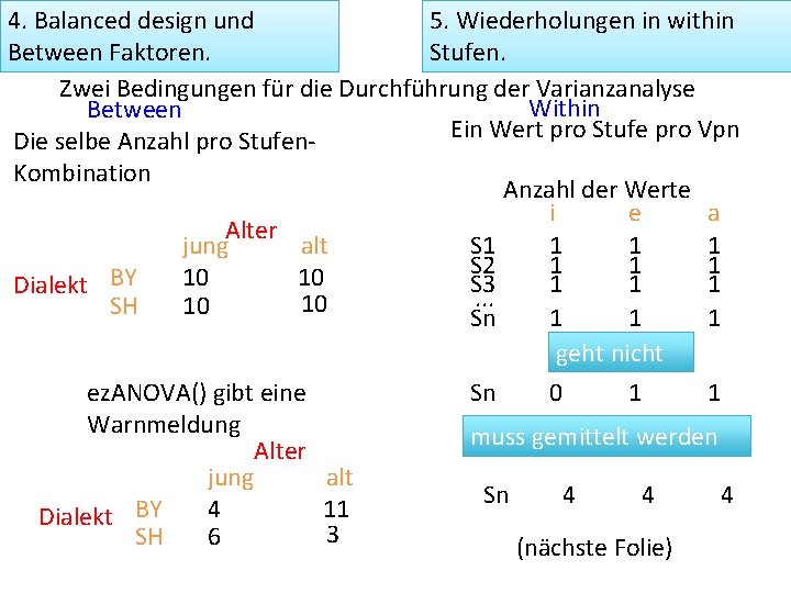 4. Balanced design und 5. Wiederholungen in within Between Faktoren. Stufen. Zwei Bedingungen für