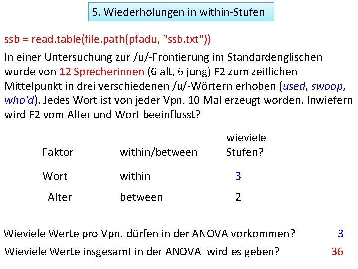 5. Wiederholungen in within-Stufen ssb = read. table(file. path(pfadu, "ssb. txt")) In einer Untersuchung