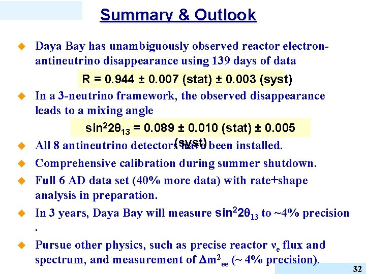 Summary & Outlook u u u u Daya Bay has unambiguously observed reactor electronantineutrino