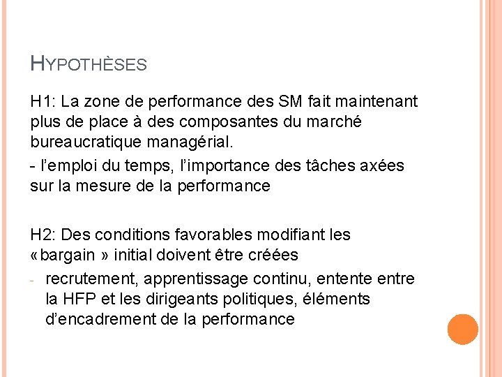 HYPOTHÈSES H 1: La zone de performance des SM fait maintenant plus de place