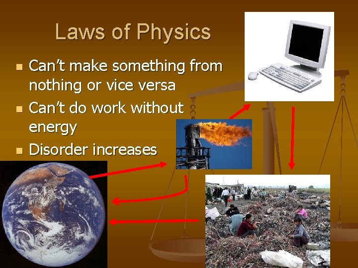 Laws of Physics n n n Can’t make something from nothing or vice versa