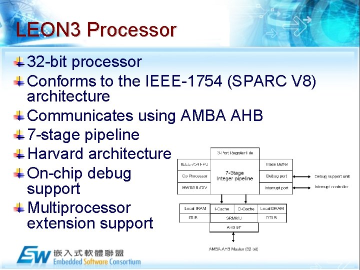 LEON 3 Processor 32 -bit processor Conforms to the IEEE-1754 (SPARC V 8) architecture