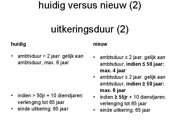 huidig versus nieuw (2) uitkeringsduur (2) huidig nieuw • ambtsduur > 2 jaar. gelijk