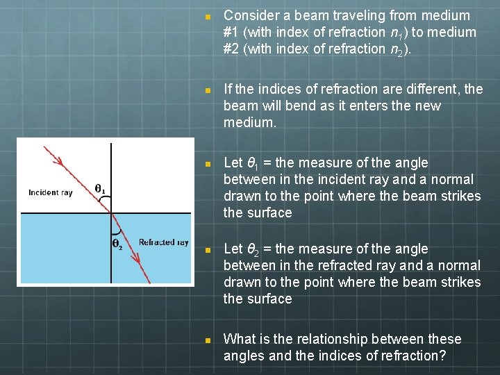 n n n Consider a beam traveling from medium #1 (with index of refraction n n n Consider a beam traveling from medium #1 (with index of refraction