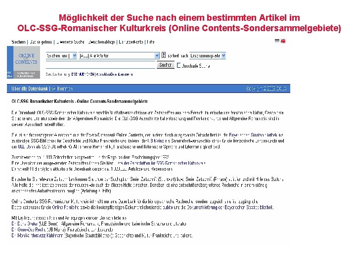 Möglichkeit der Suche nach einem bestimmten Artikel im OLC-SSG-Romanischer Kulturkreis (Online Contents-Sondersammelgebiete) 