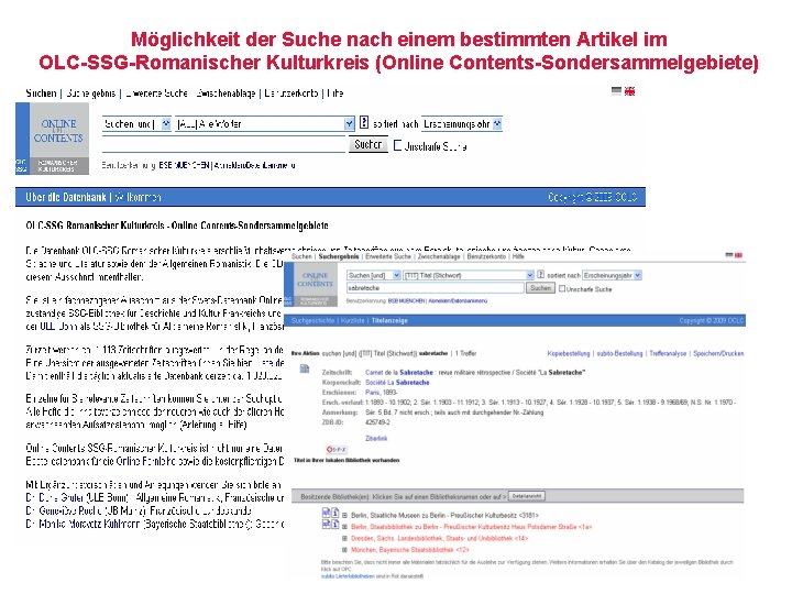 Möglichkeit der Suche nach einem bestimmten Artikel im OLC-SSG-Romanischer Kulturkreis (Online Contents-Sondersammelgebiete) 