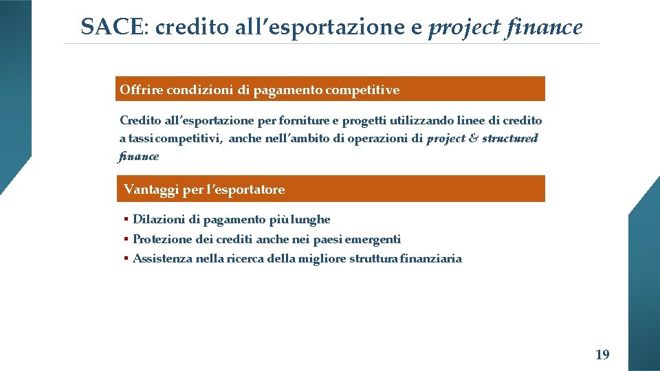 SACE: credito all’esportazione e project finance Offrire condizioni di pagamento competitive Credito all’esportazione per