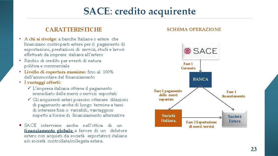 SACE: credito acquirente CARATTERISTICHE • A chi si rivolge: a banche Italiane o estere