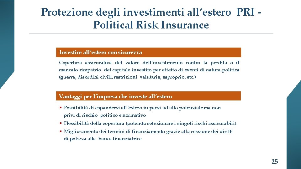 Protezione degli investimenti all’estero PRI Political Risk Insurance Investire all’estero con sicurezza Copertura assicurativa