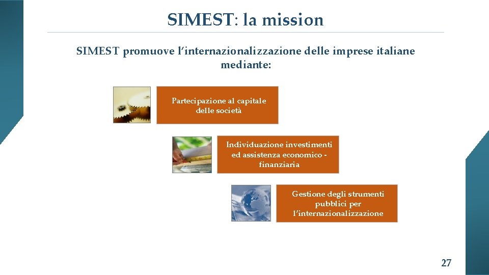 SIMEST: la mission SIMEST promuove l’internazionalizzazione delle imprese italiane mediante: Partecipazione al capitale delle