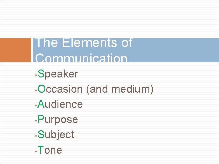 The Elements of Communication Speaker • Occasion (and medium) • Audience • Purpose •