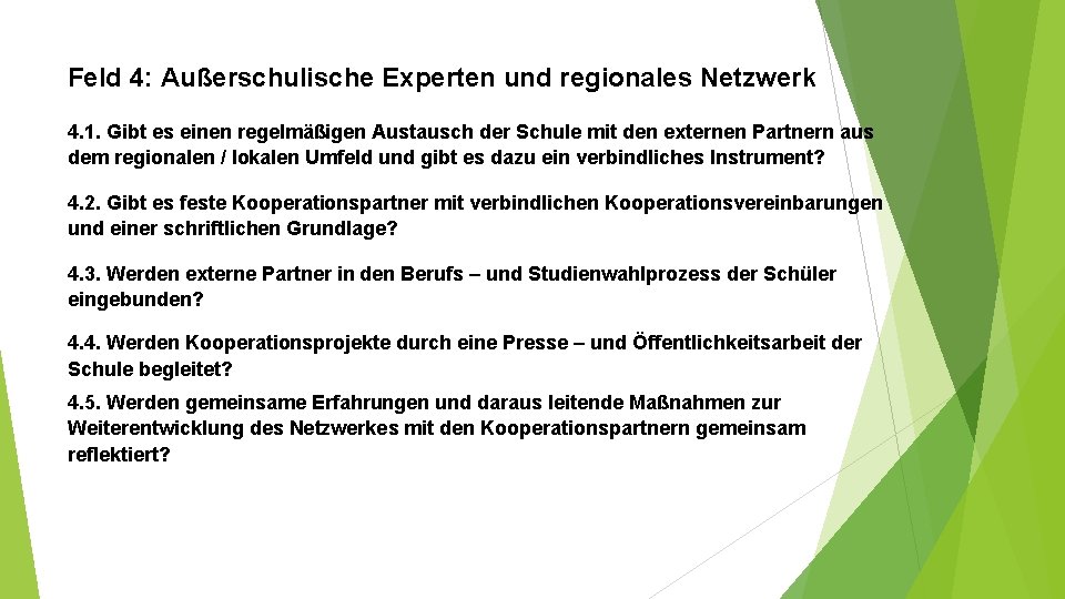 Feld 4: Außerschulische Experten und regionales Netzwerk 4. 1. Gibt es einen regelmäßigen Austausch