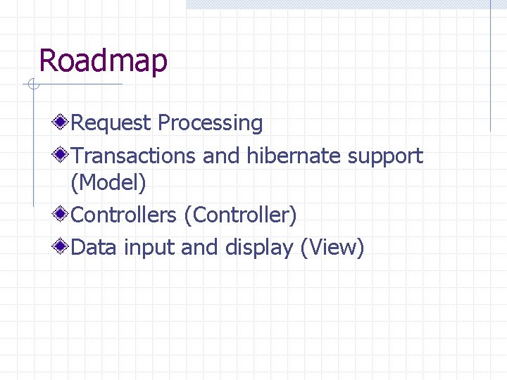 Roadmap Request Processing Transactions and hibernate support (Model) Controllers (Controller) Data input and display
