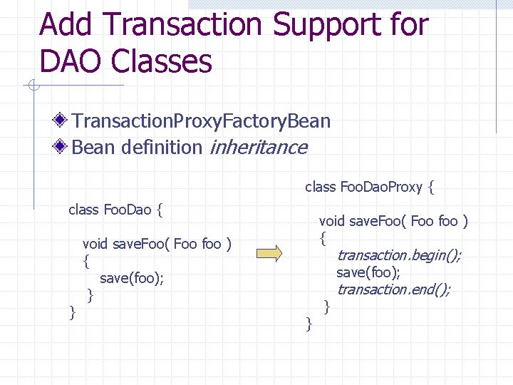 Add Transaction Support for DAO Classes Transaction. Proxy. Factory. Bean definition inheritance class Foo.