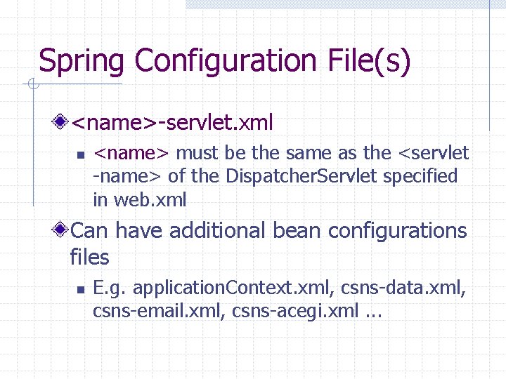 Spring Configuration File(s) <name>-servlet. xml n <name> must be the same as the <servlet