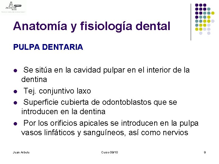 Anatomía y fisiología dental PULPA DENTARIA l l Se sitúa en la cavidad pulpar