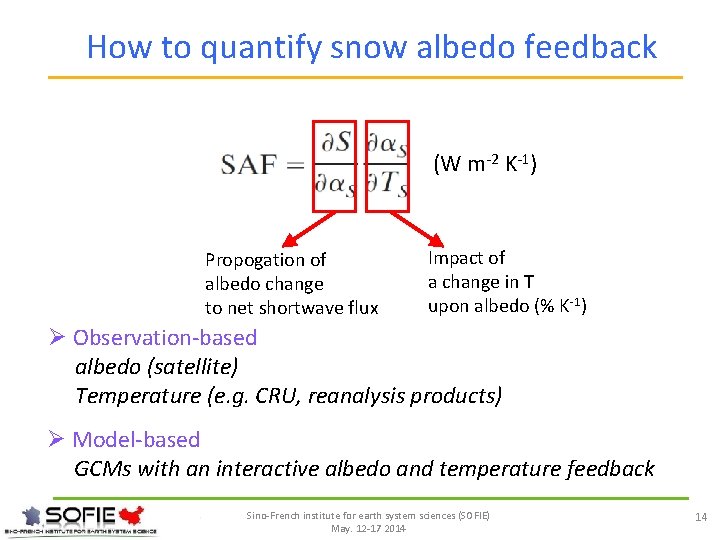 How to quantify snow albedo feedback (W m-2 K-1) Propogation of albedo change to