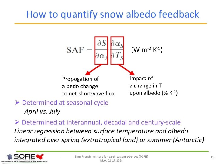 How to quantify snow albedo feedback (W m-2 K-1) Propogation of albedo change to