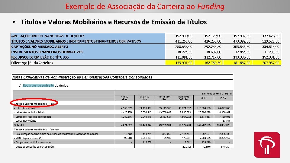 Exemplo de Associação da Carteira ao Funding • Títulos e Valores Mobiliários e Recursos