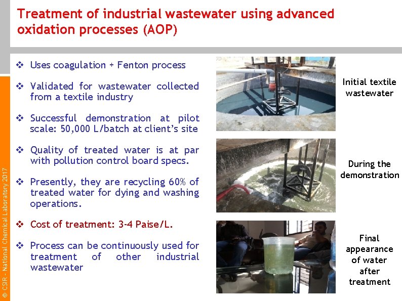 Treatment of industrial wastewater using advanced oxidation processes (AOP) v Uses coagulation + Fenton