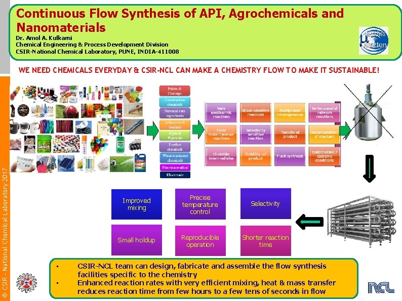 Continuous Flow Synthesis of API, Agrochemicals and Nanomaterials Dr. Amol A. Kulkarni Chemical Engineering