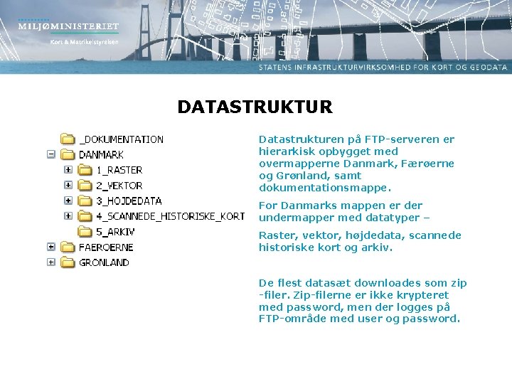 DATASTRUKTUR Datastrukturen på FTP-serveren er hierarkisk opbygget med overmapperne Danmark, Færøerne og Grønland, samt