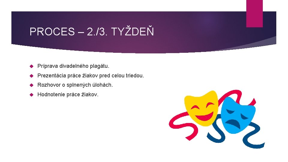 PROCES – 2. /3. TYŽDEŇ Príprava divadelného plagátu. Prezentácia práce žiakov pred celou triedou.