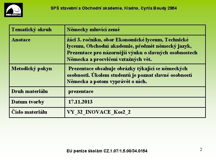 SPŠ stavební a Obchodní akademie, Kladno, Cyrila Boudy 2954 Tematický okruh Německy mluvící země