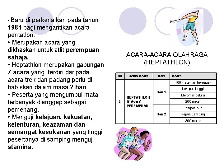  • Baru di perkenalkan pada tahun 1981 bagi mengantikan acara pentatlon. • Merupakan