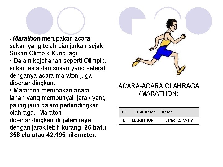  • Marathon merupakan acara sukan yang telah dianjurkan sejak Sukan Olimpik Kuno lagi.