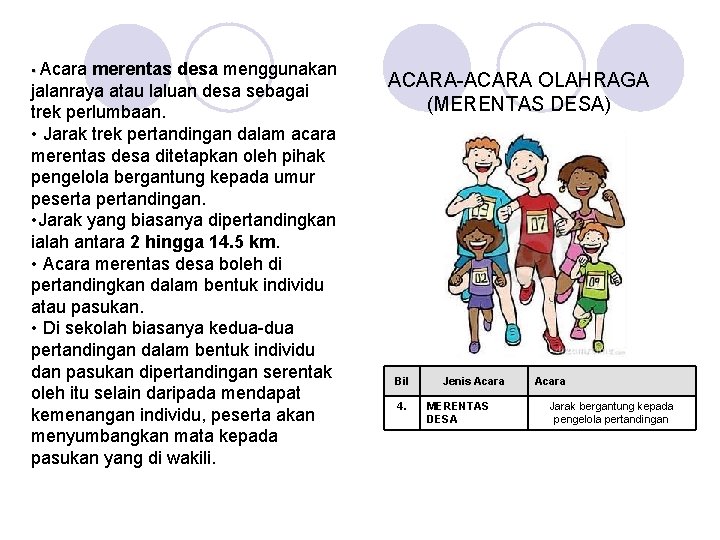  • Acara merentas desa menggunakan jalanraya atau laluan desa sebagai trek perlumbaan. •