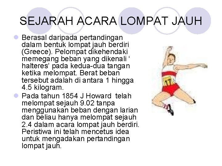 SEJARAH ACARA LOMPAT JAUH l Berasal daripada pertandingan dalam bentuk lompat jauh berdiri (Greece).