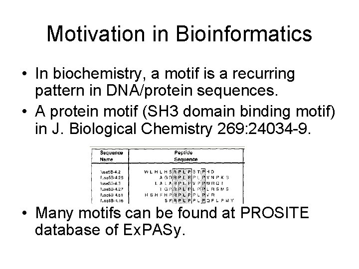 Motivation in Bioinformatics • In biochemistry, a motif is a recurring pattern in DNA/protein