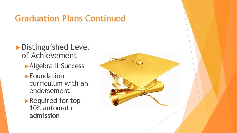 Graduation Plans Continued ► Distinguished Level of Achievement ►Algebra II Success ►Foundation curriculum with