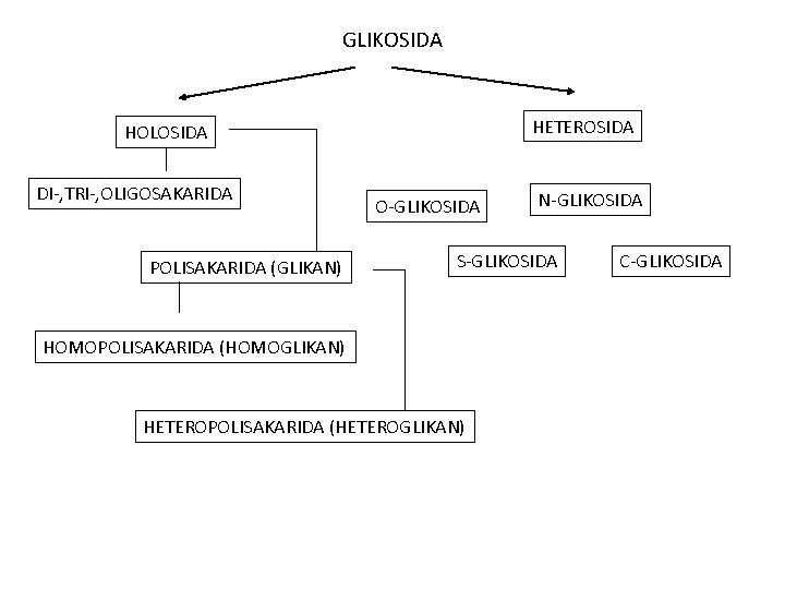 GLIKOSIDA HETEROSIDA HOLOSIDA DI-, TRI-, OLIGOSAKARIDA POLISAKARIDA (GLIKAN) O-GLIKOSIDA N-GLIKOSIDA S-GLIKOSIDA HOMOPOLISAKARIDA (HOMOGLIKAN) HETEROPOLISAKARIDA