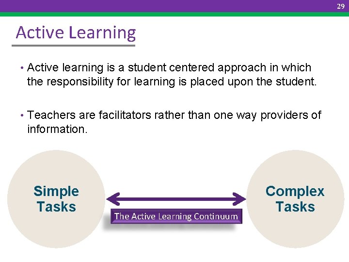 29 Active Learning • Active learning is a student centered approach in which the